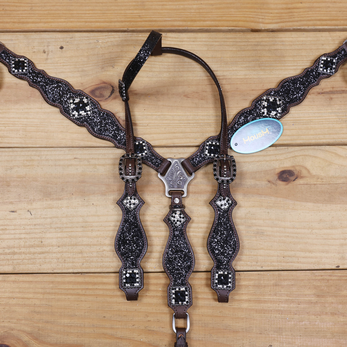 Black Glitter Horse Tack Set with Rhinestone Conchos, Silver Studs