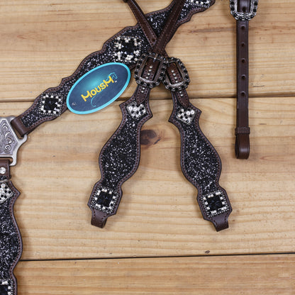 Black Glitter Horse Tack Set with Rhinestone Conchos, Silver Studs