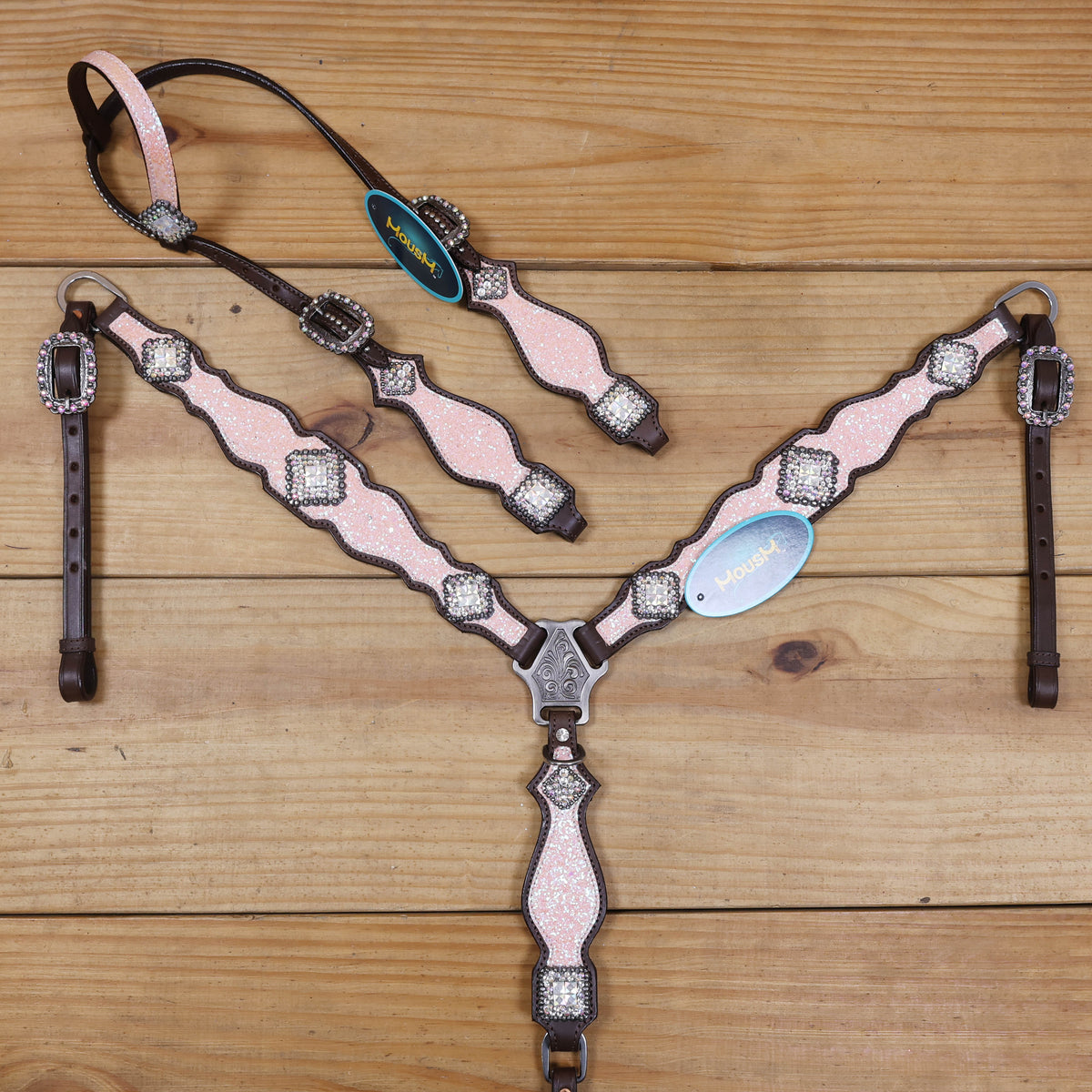Light Pink Glitter Headstall Tack Set with Bling Rhinestone Conchos