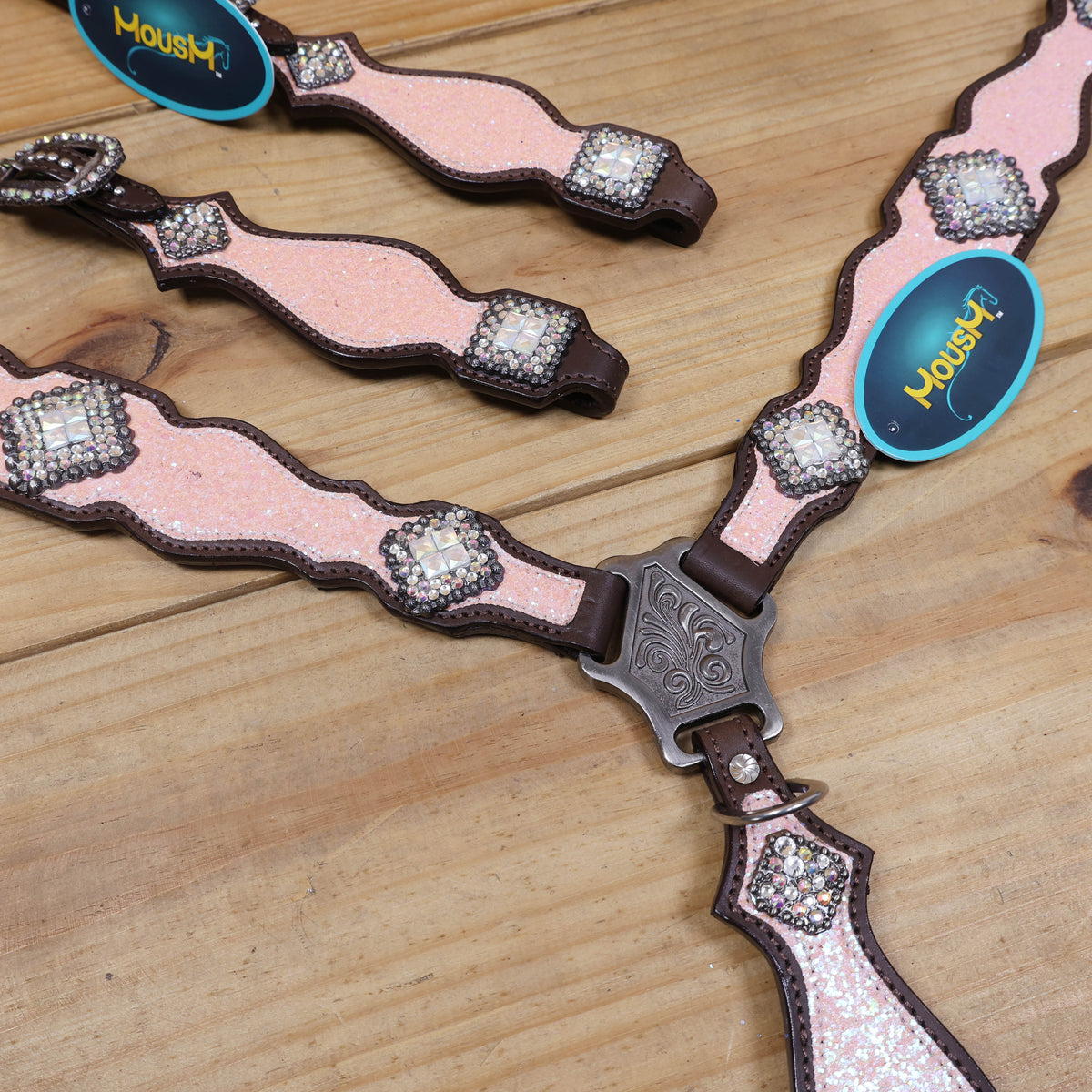 Light Pink Glitter Headstall Tack Set with Bling Rhinestone Conchos