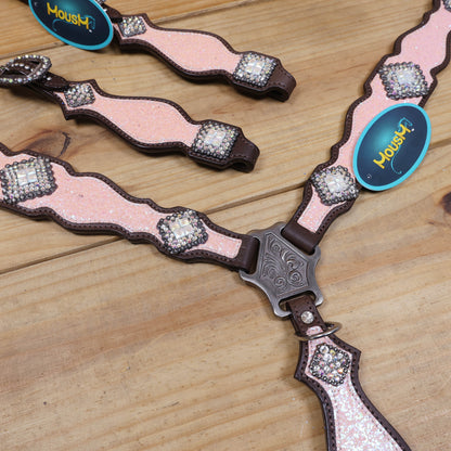 Light Pink Glitter Headstall Tack Set with Bling Rhinestone Conchos