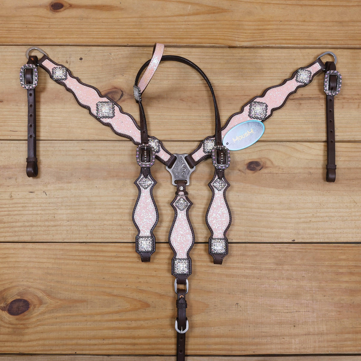 Light Pink Glitter Headstall Tack Set with Bling Rhinestone Conchos