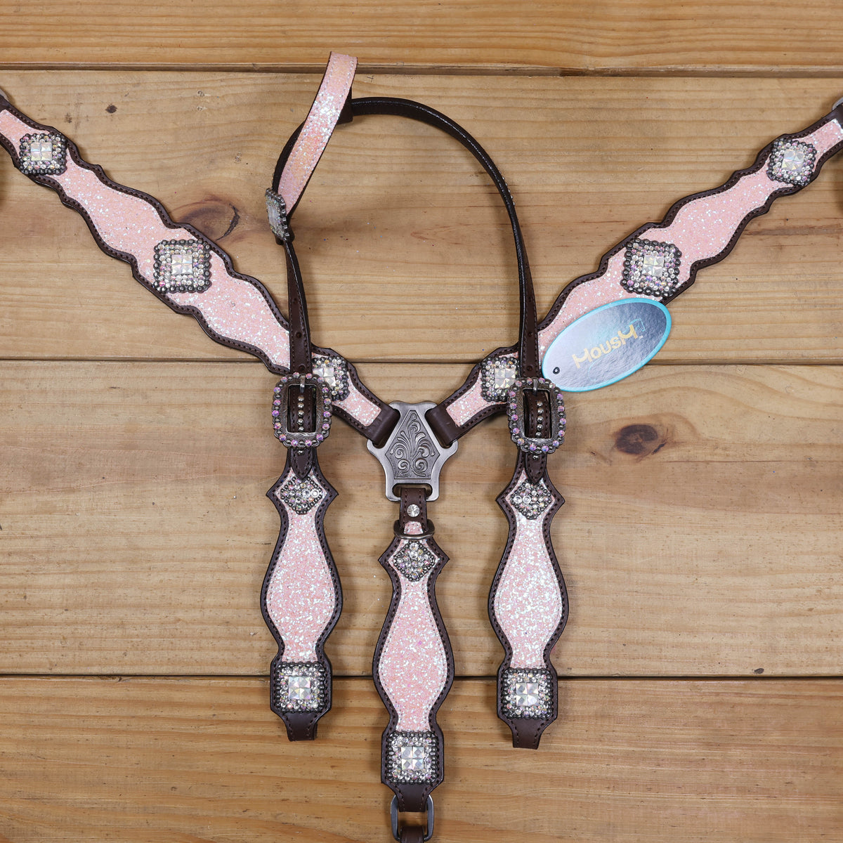 Light Pink Glitter Headstall Tack Set with Bling Rhinestone Conchos