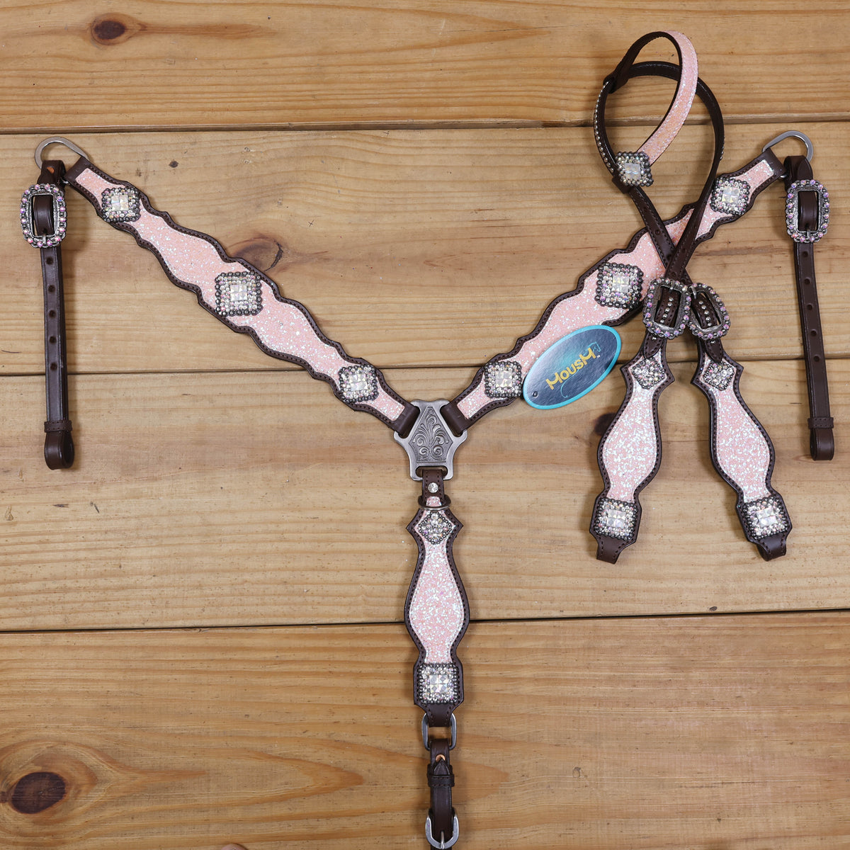 Light Pink Glitter Headstall Tack Set with Bling Rhinestone Conchos