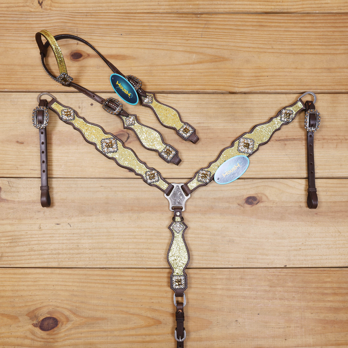 Sparkling Golden Glitter Western Headstall and Breast Collar Set