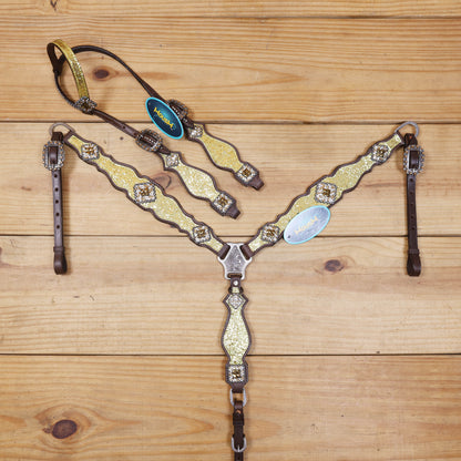 Sparkling Golden Glitter Western Headstall and Breast Collar Set