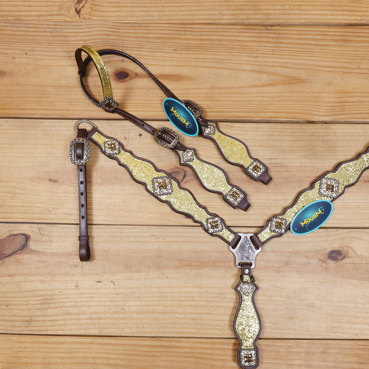 Sparkling Golden Glitter Western Headstall and Breast Collar Set