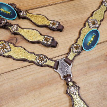 Sparkling Golden Glitter Western Headstall and Breast Collar Set