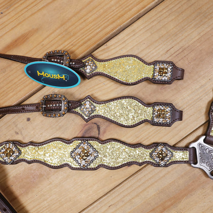 Sparkling Golden Glitter Western Headstall and Breast Collar Set