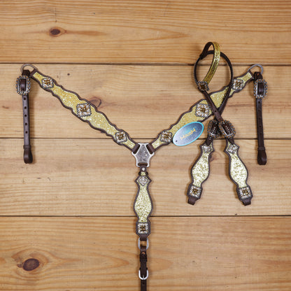 Sparkling Golden Glitter Western Headstall and Breast Collar Set