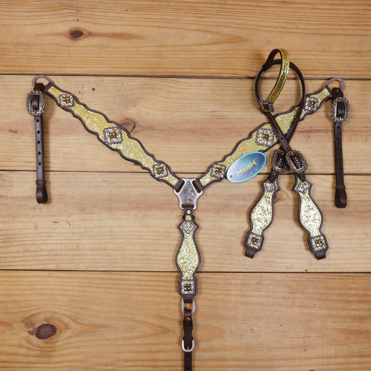 Sparkling Golden Glitter Western Headstall and Breast Collar Set