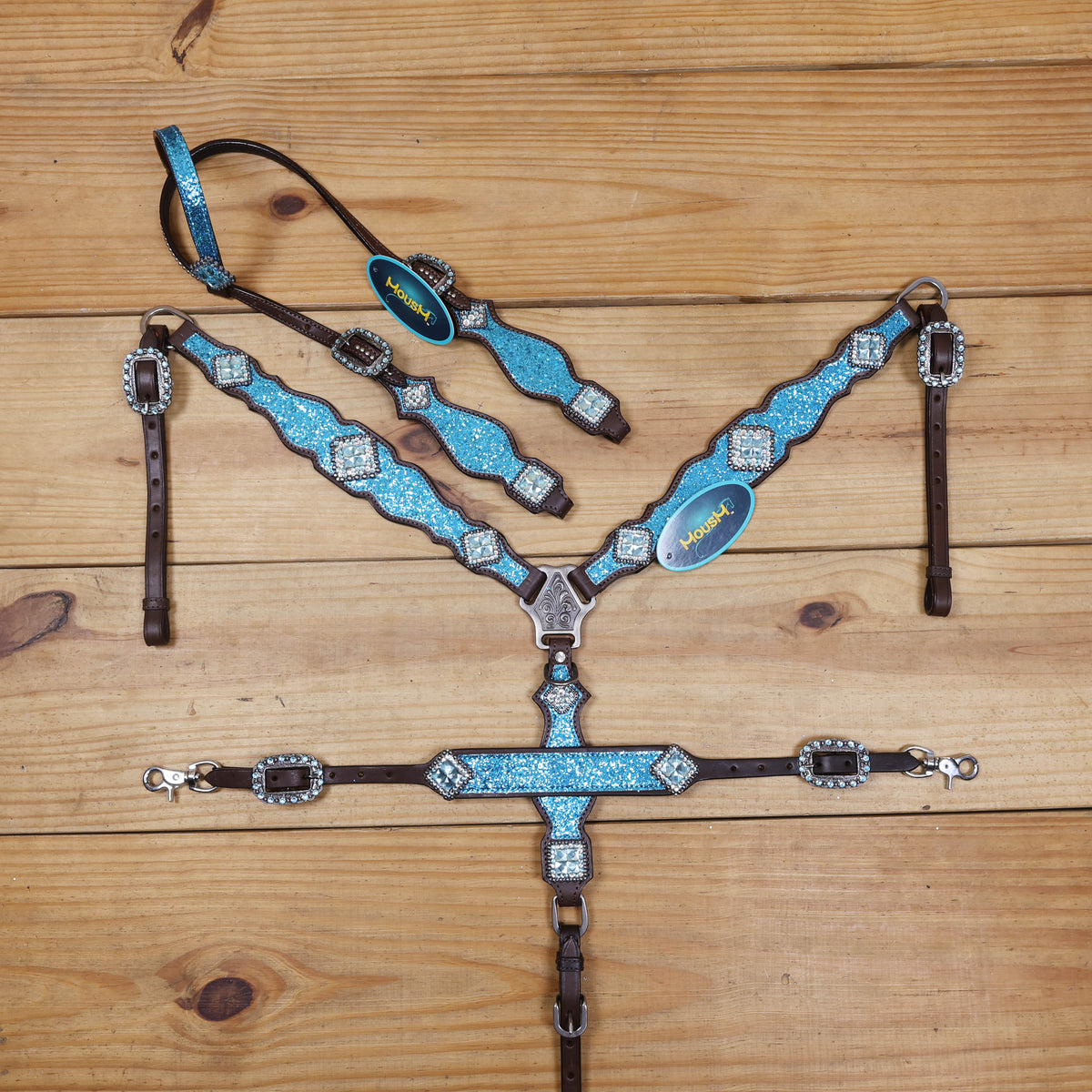 Teal Glitter Western Horse Tack Set with Bling Conchos