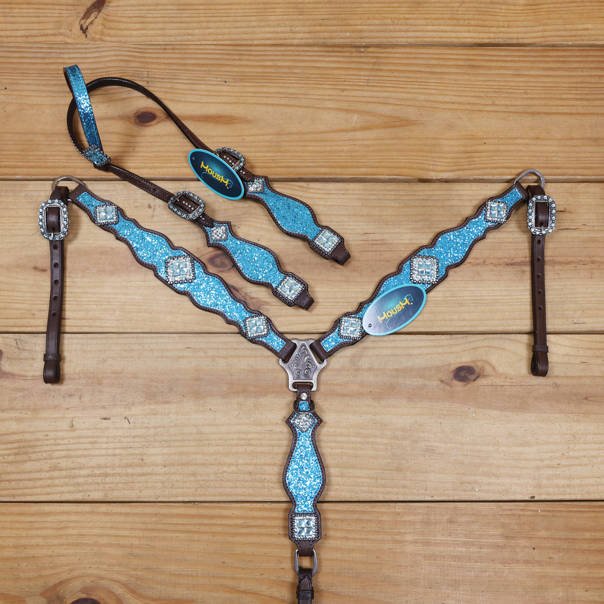 Teal Glitter Western Horse Tack Set with Bling Conchos
