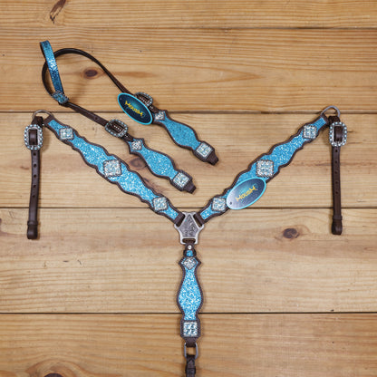 Teal Glitter Western Horse Tack Set with Bling Conchos