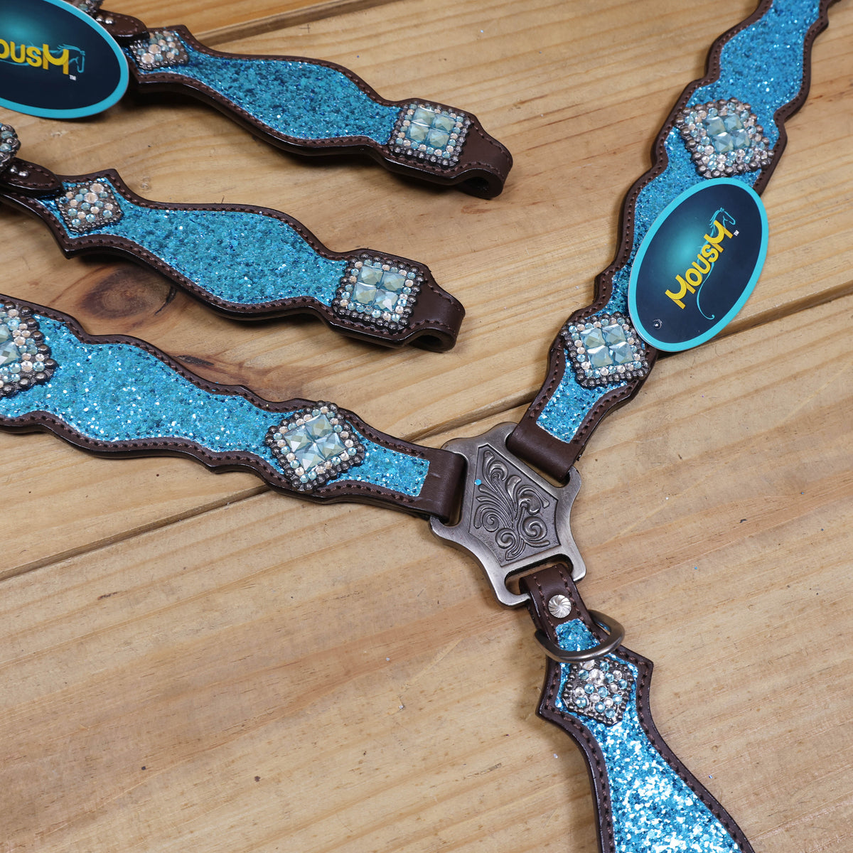 Teal Glitter Western Horse Tack Set with Bling Conchos