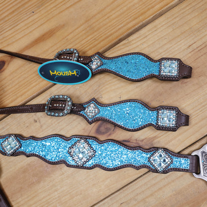 Teal Glitter Western Horse Tack Set with Bling Conchos