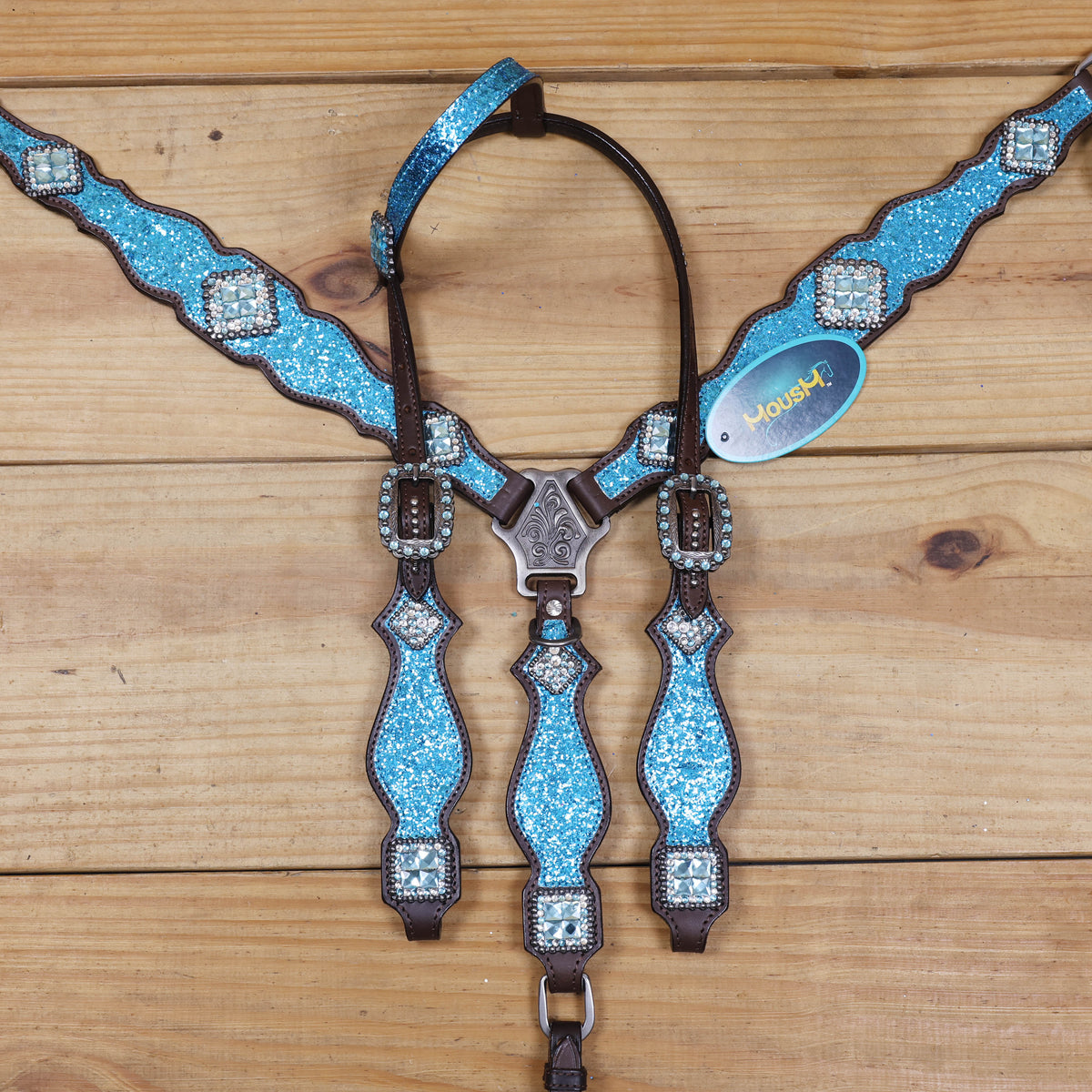 Teal Glitter Western Horse Tack Set with Bling Conchos