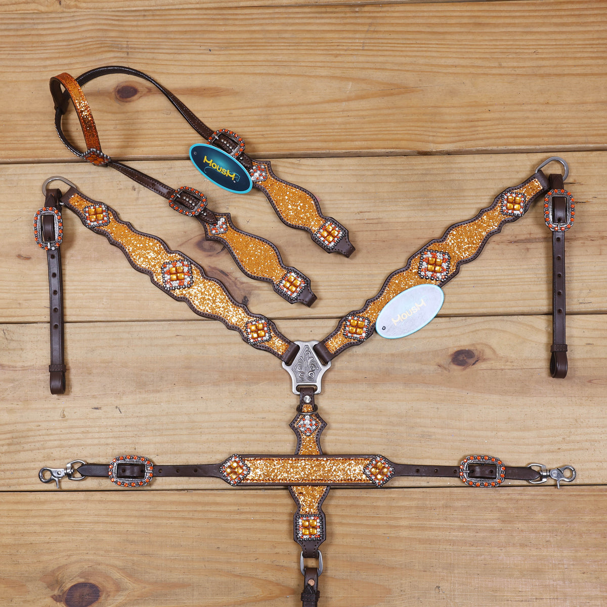 Orange Glitter Western Headstall Tack Set with Silver Studs