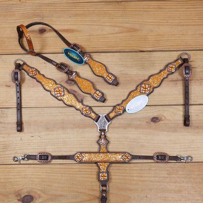 Orange Glitter Western Headstall Tack Set with Silver Studs