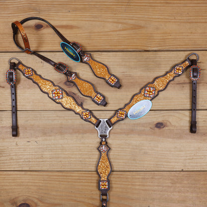 Orange Glitter Western Headstall Tack Set with Silver Studs