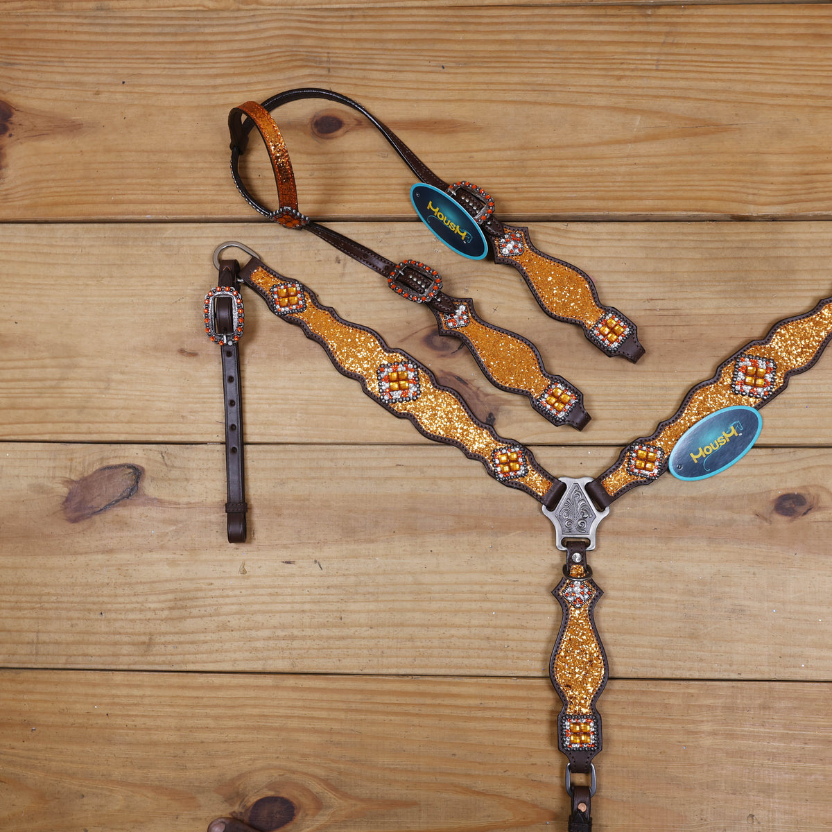 Orange Glitter Western Headstall Tack Set with Silver Studs