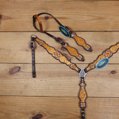 Orange Glitter Western Headstall Tack Set with Silver Studs