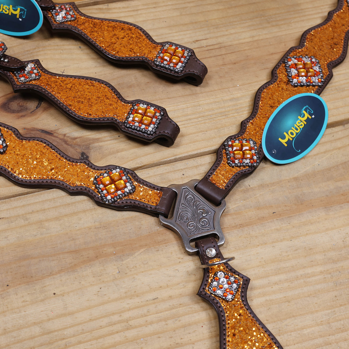 Orange Glitter Western Headstall Tack Set with Silver Studs