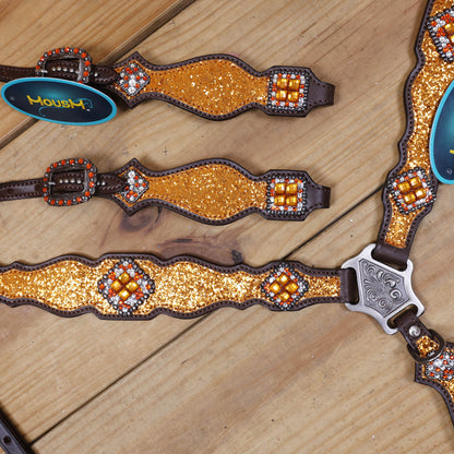 Orange Glitter Western Headstall Tack Set with Silver Studs