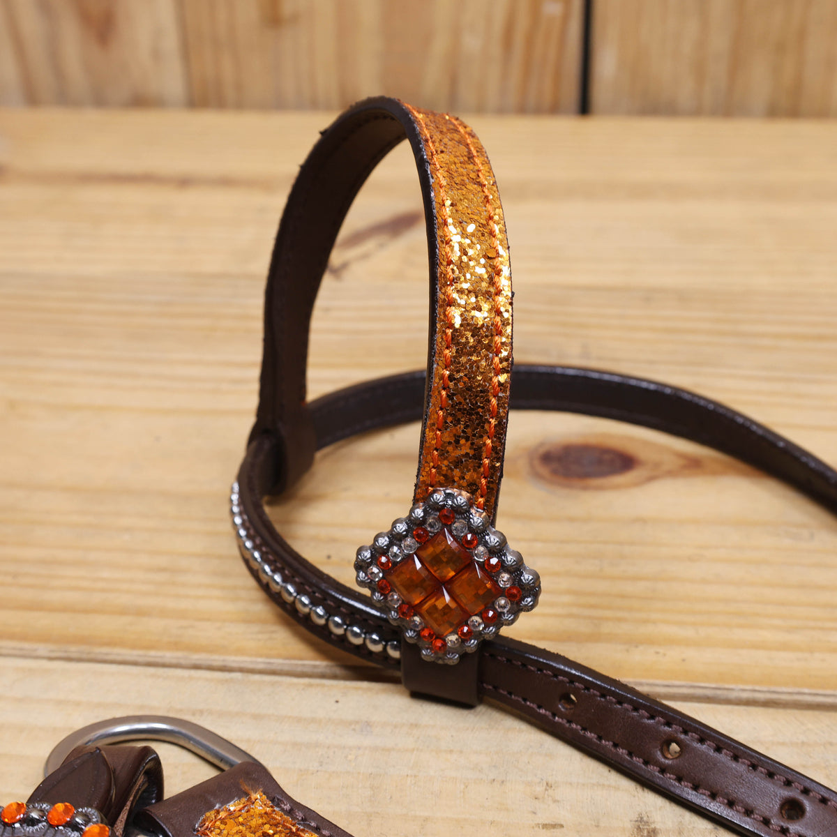 Orange Glitter Western Headstall Tack Set with Silver Studs