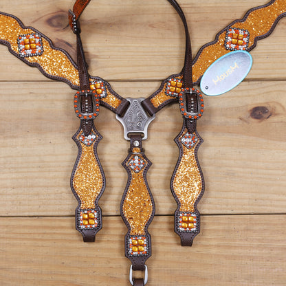 Orange Glitter Western Headstall Tack Set with Silver Studs