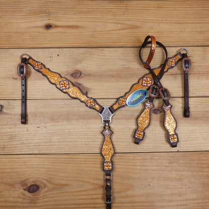 Orange Glitter Western Headstall Tack Set with Silver Studs