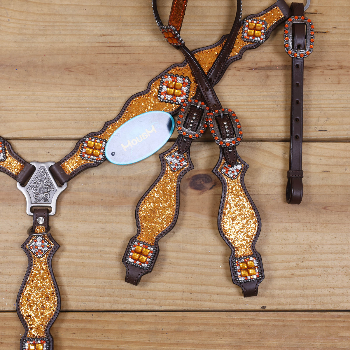 Orange Glitter Western Headstall Tack Set with Silver Studs
