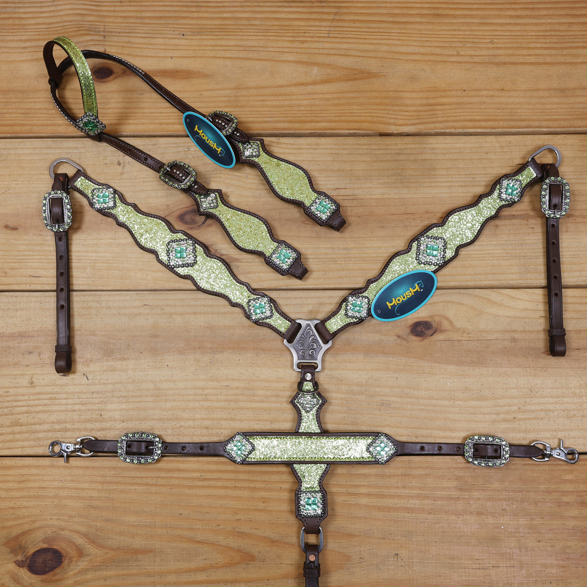 Lime Green Glitter Western Tack with Bling Rhinestone, Silver Studs
