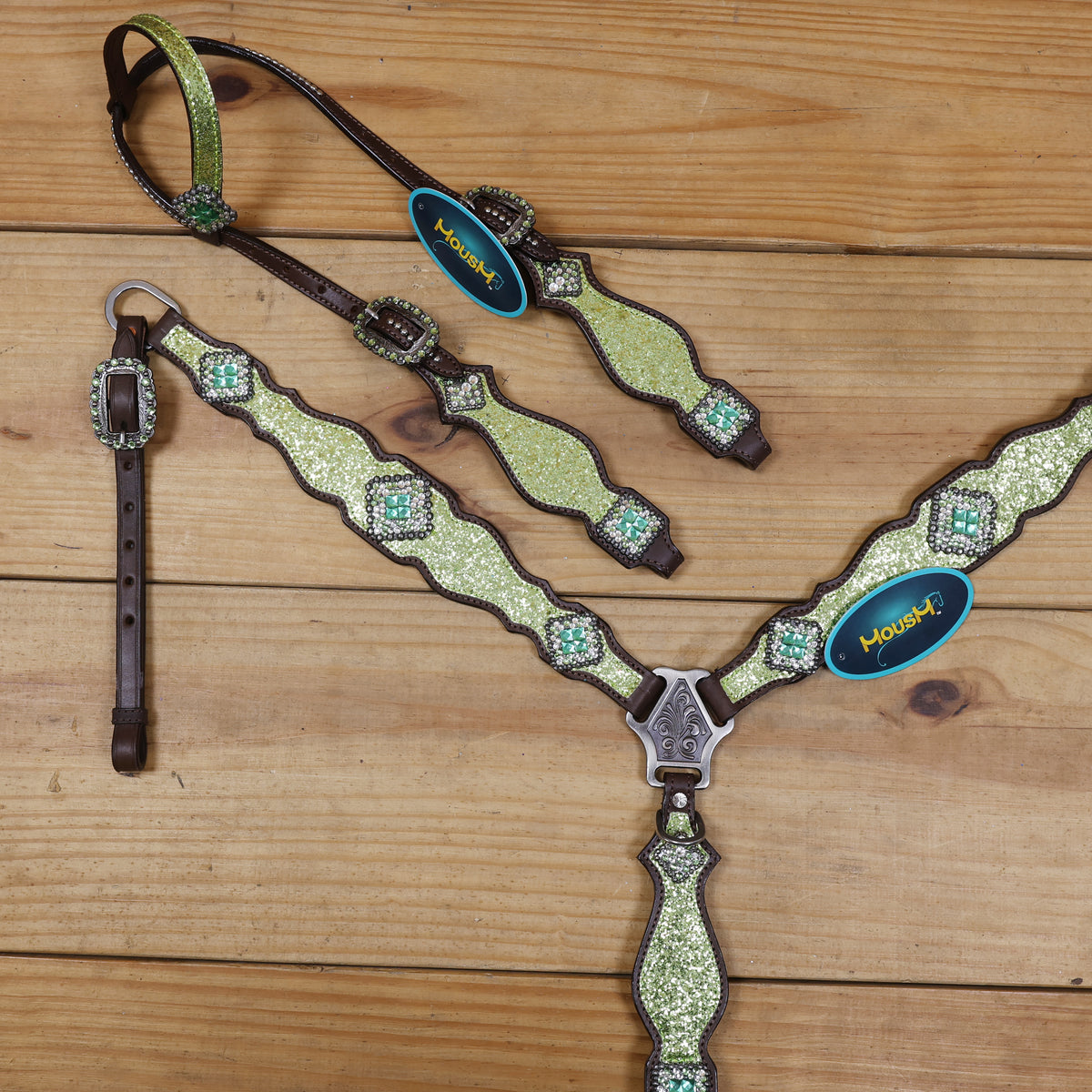 Lime Green Glitter Western Tack with Bling Rhinestone, Silver Studs