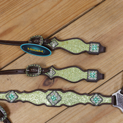 Lime Green Glitter Western Tack with Bling Rhinestone, Silver Studs