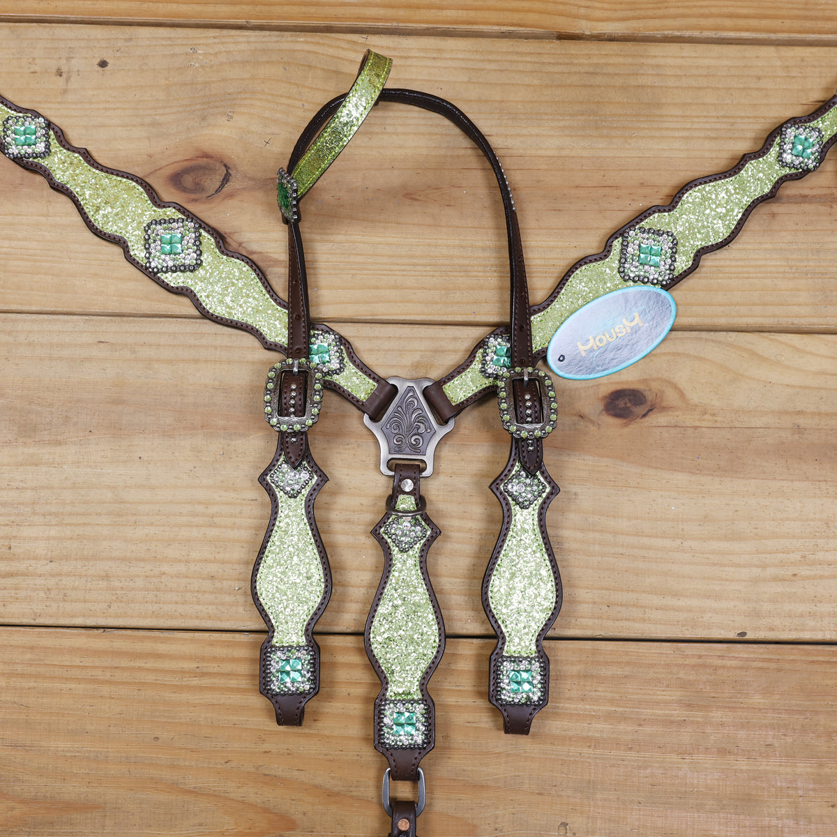 Lime Green Glitter Western Tack with Bling Rhinestone, Silver Studs