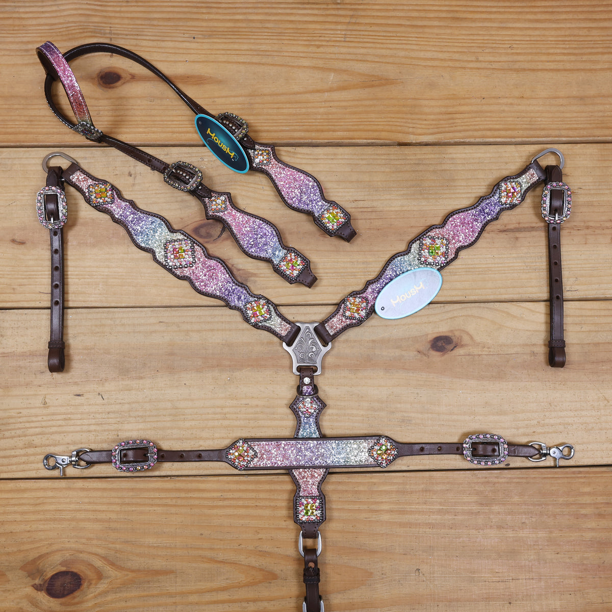 Rainbow Glitter Horse Tack with Rhinestone Conchos, Silver Studs