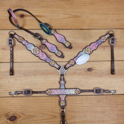 Rainbow Glitter Horse Tack with Rhinestone Conchos, Silver Studs
