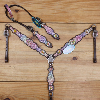 Rainbow Glitter Horse Tack with Rhinestone Conchos, Silver Studs