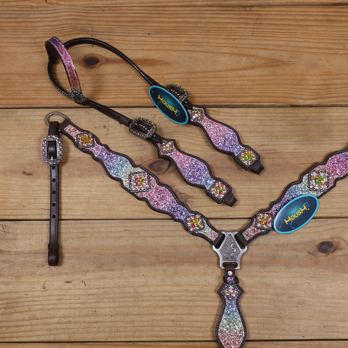 Rainbow Glitter Horse Tack with Rhinestone Conchos, Silver Studs