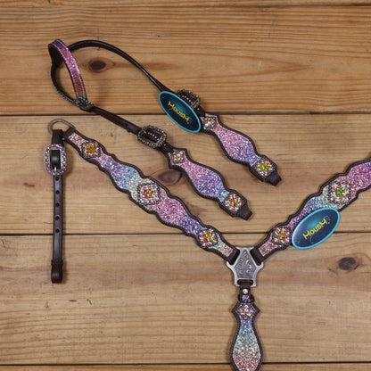 Rainbow Glitter Horse Tack with Rhinestone Conchos, Silver Studs