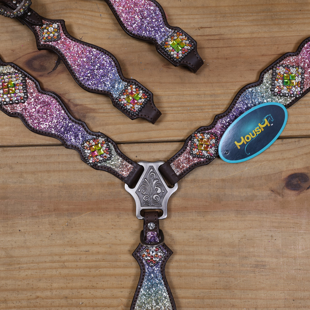 Rainbow Glitter Horse Tack with Rhinestone Conchos, Silver Studs