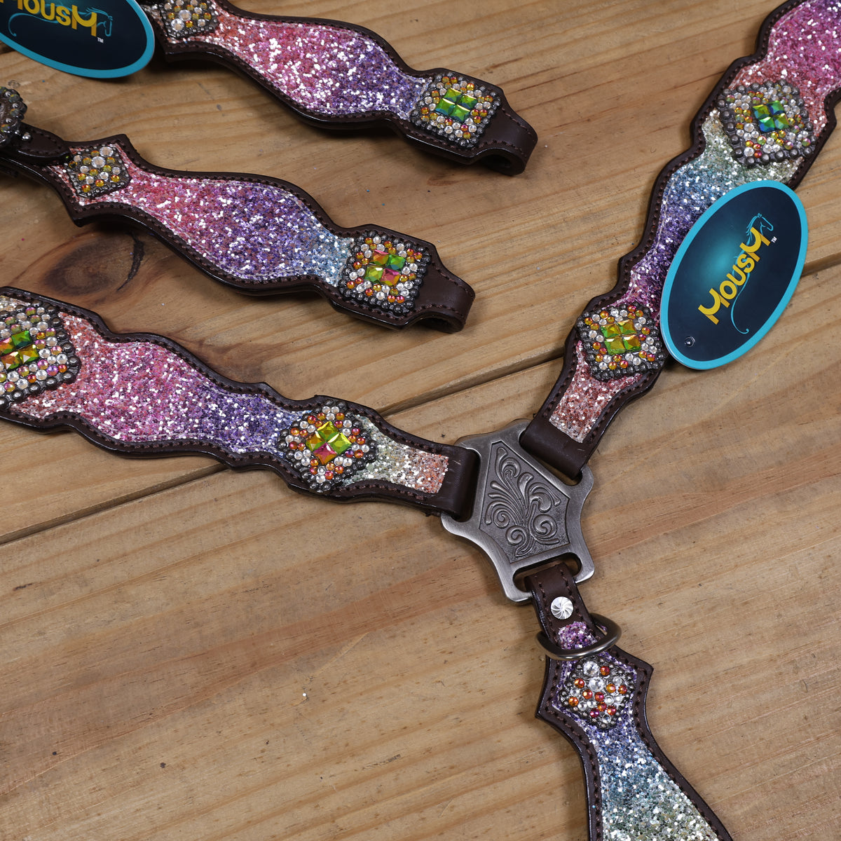 Rainbow Glitter Horse Tack with Rhinestone Conchos, Silver Studs