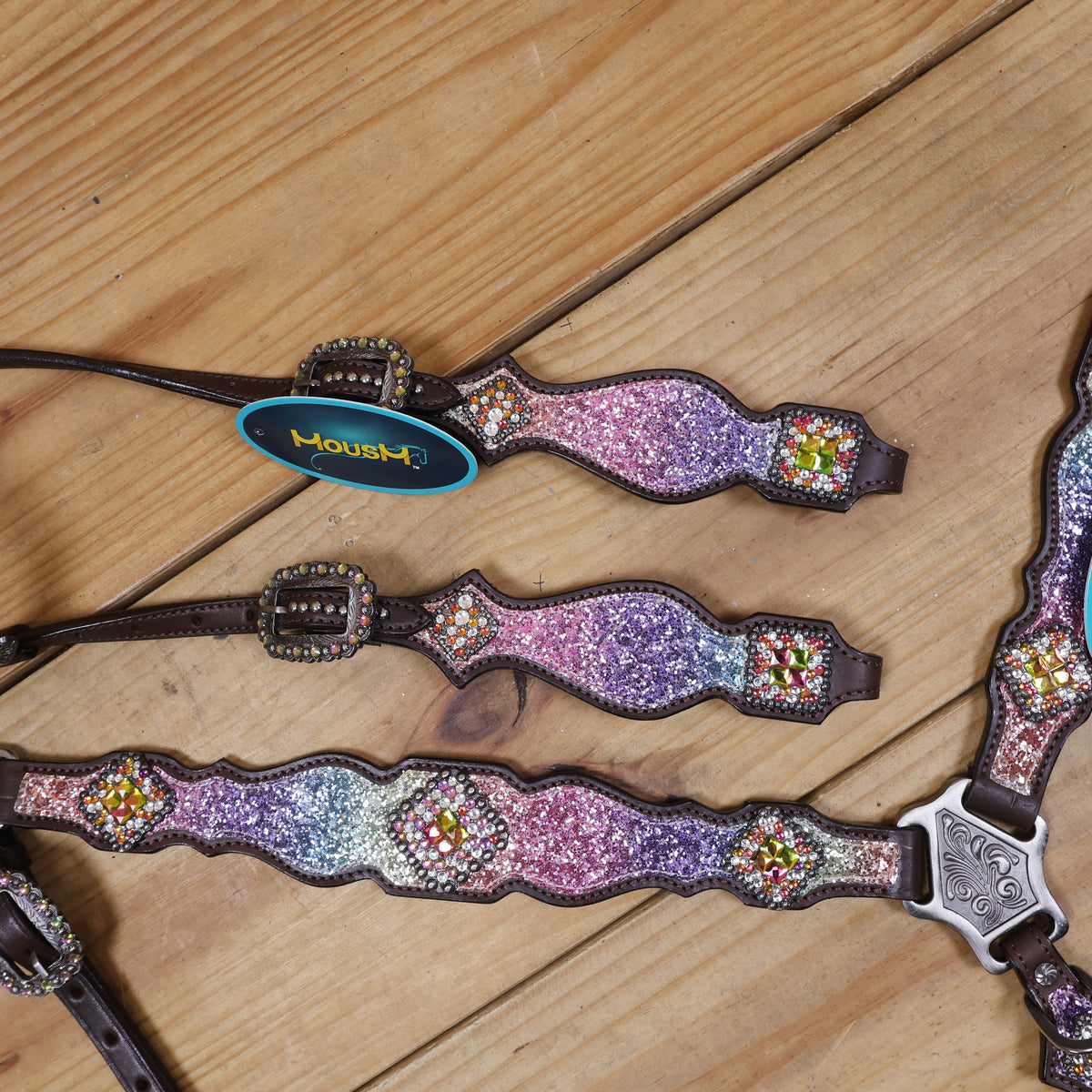 Rainbow Glitter Horse Tack with Rhinestone Conchos, Silver Studs