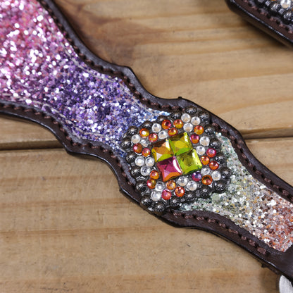 Rainbow Glitter Horse Tack with Rhinestone Conchos, Silver Studs