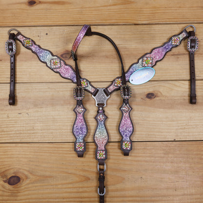Rainbow Glitter Horse Tack with Rhinestone Conchos, Silver Studs