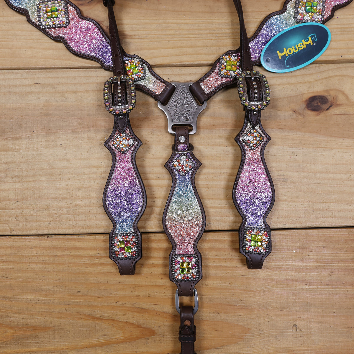Rainbow Glitter Horse Tack with Rhinestone Conchos, Silver Studs