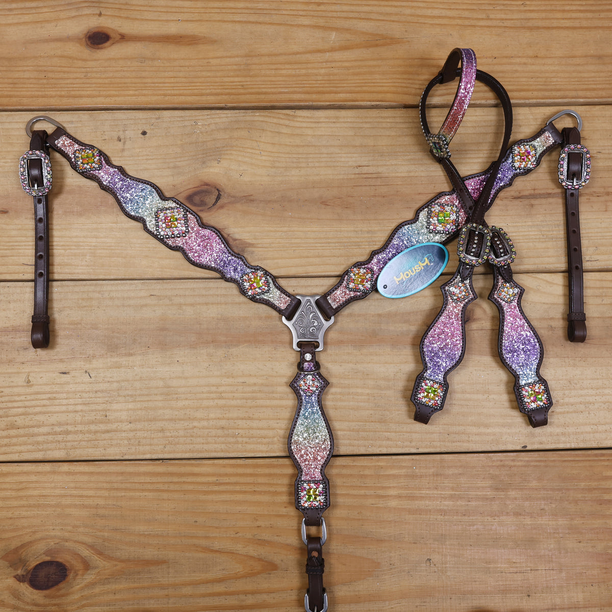 Rainbow Glitter Horse Tack with Rhinestone Conchos, Silver Studs