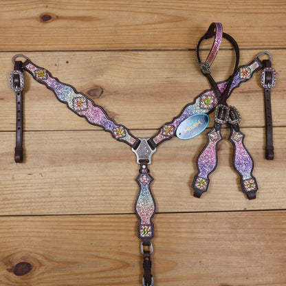 Rainbow Glitter Horse Tack with Rhinestone Conchos, Silver Studs