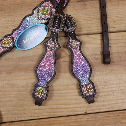 Rainbow Glitter Horse Tack with Rhinestone Conchos, Silver Studs